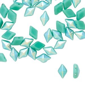 Bead, DiamonDuo™, Czech pressed glass, opaque green turquoise AB, 8x5mm faceted diamond with flat back and (2) 0.7-0.8mm holes. Sold per 50-gram pkg, approximately 350 beads.