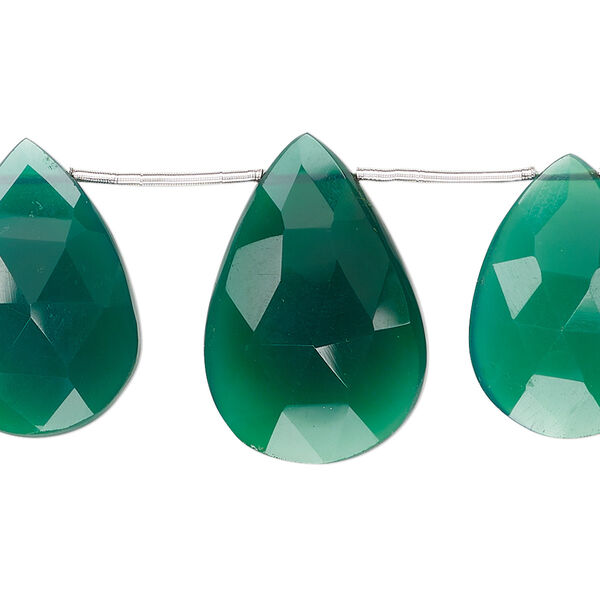 Bead, green onyx (dyed), 16x11mm-26x16mm graduated hand-cut top-drilled faceted puffed teardrop, B+ grade, Mohs hardness 6-1/2 to 7. Sold per 4-inch strand, approximately 7 beads. image number 0