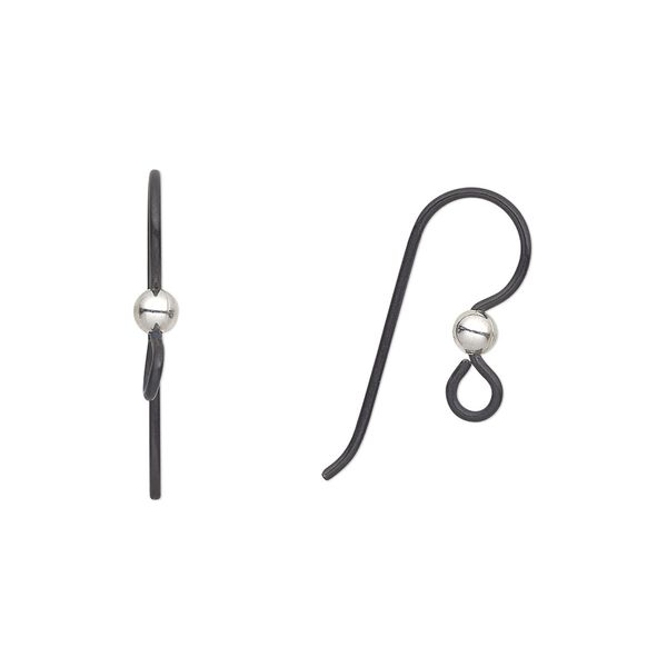 Ear wire fishhook 1pkg50 niobium / sterling silver, 15.5mm / 3mm ball / open loop, 20 gauge anodized black 25 pair image number 0