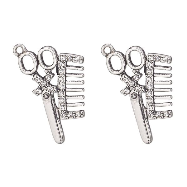 Focal, antique silver-finished "pewter" (zinc alloy) and glass, clear, 31x20mm scissors and comb. Sold per pkg of 2. image number 0