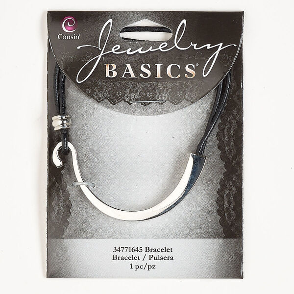 Bracelet, silver-finished brass and leatherette, black, 10mm wide, 7 inches with hook clasp. Sold individually. image number 0