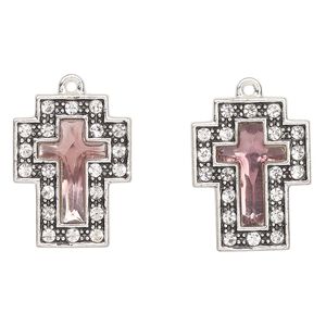 Drop, antique silver-finished "pewter" (zinc-based alloy) and glass, clear and purple, 23x17mm cross. Sold per pkg of 2.