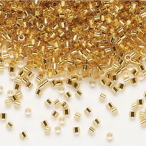 Seed bead, Delica®, glass, pkg/50g, #15 round, translucent 24Kt gold-lined crystal gold (DBS-0033).
