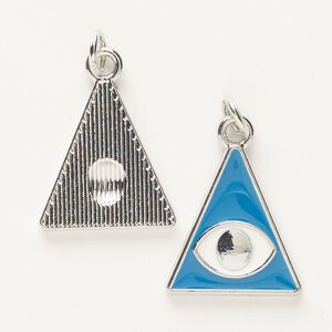 Charm, "pewter" (zinc-based alloy), pkg/2, silver finish enamel blue and white, 20x18mm triangle with wards-off-the-evil-eye-design.