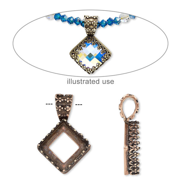 Pendant, JBB Findings, antique copper-plated brass, 23x15.5mm square with open back and decorative trim with 10mm square bezel setting. Sold individually. image number 0