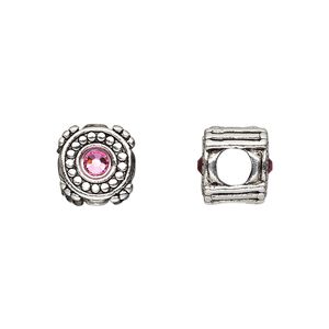 Bead, Dione®, antique silver-plated pewter (tin-based alloy) and crystal rhinestone, rose, 10mm double-sided round. Sold individually.