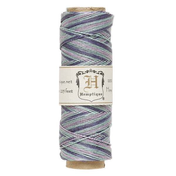 Cord, Hemptique®, polished hemp, variegated purple / blue / lavender, 0.5mm diameter, 10-pound test. Sold per 205-foot spool. image number 0