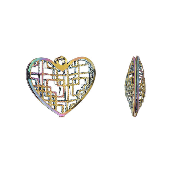 Charm, electro-coated stainless steel, rainbow, 18x15.5mm double-sided domed heart with textured cut-out geometric design. Sold per pkg of 6. image number 0