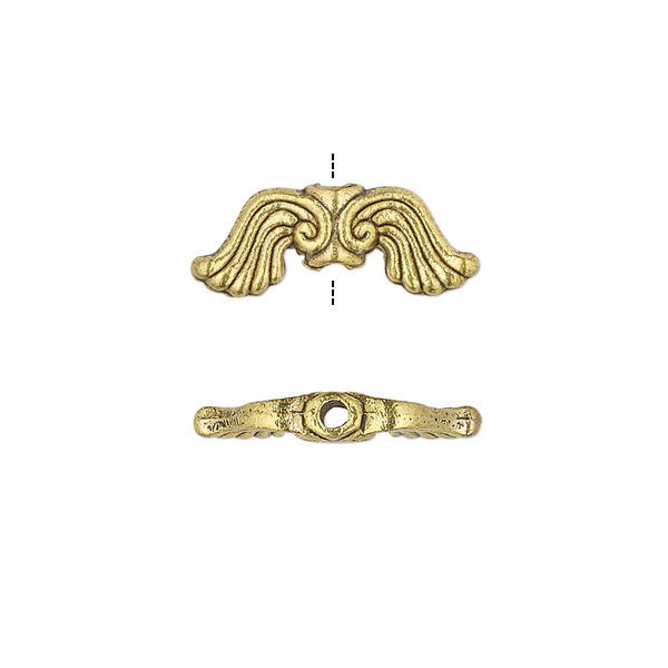 Bead, antique gold-finished "pewter" (zinc-based alloy), 19x7mm double-sided wing. Sold per pkg 10. image number 0