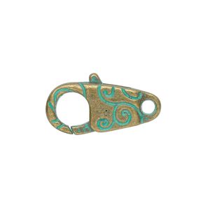 Clasp lobster claw 1pkg6 brass-plated / patina "pewter" (zinc alloy), 24.5x11mm double-sided, green antique 1-strand