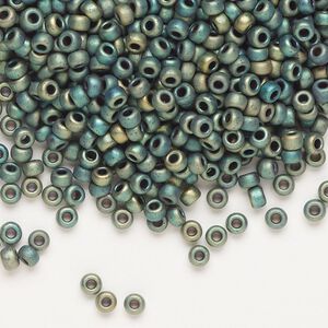 Seed bead, Miyuki, glass, pkg/50g, #8 rocaille, opaque matte metallic iris green patina (RR-2067).