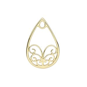 Component, gold-finished sterling silver, 25x16.5mm slightly domed teardrop with swirl design. Sold individually.