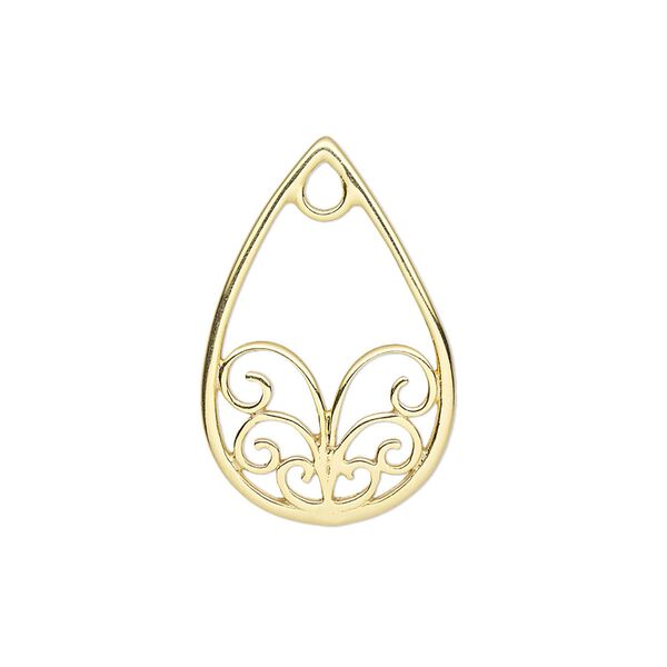 Component, gold-finished sterling silver, 25x16.5mm slightly domed teardrop with swirl design. Sold individually. image number 0