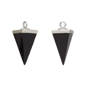 Drop, silver-plated black onyx (dyed) and electroplated sterling silver, 19x9mm-20x10mm hand-cut 3D 4-sided point, Mohs hardness 6-1/2 to 7. Sold individually.