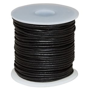 Cord, leather (dyed), black, 1-1.2mm round. Sold per 25-yard spool.
