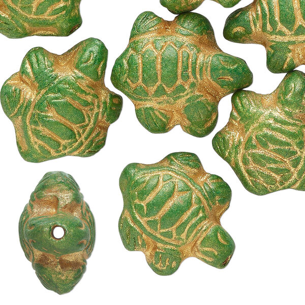 Bead, pressed clay, green with gold, 17x18mm-20x18mm handmade turtle. Sold per pkg of 20. image number 0