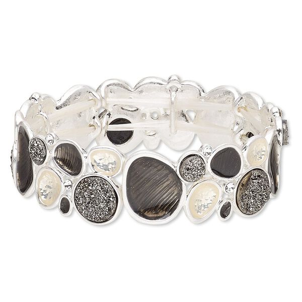Bracelet, stretch, druzy (imitation) / Czech glass rhinestone / enamel / silver-plated "pewter" (zinc-based alloy), black / cream / clear, 19mm wide with freeform design, 6-1/2 inches. Sold individually. image number 0