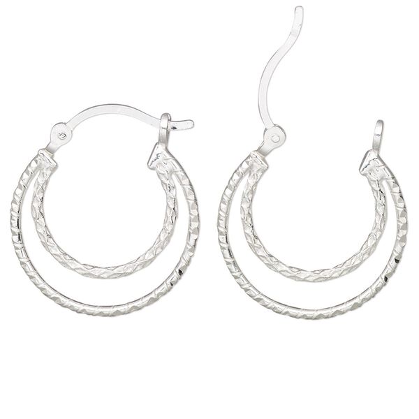 Earring, Create Compliments®, sterling silver, 23mm diamond-cut double hoop with latch-back closure. Sold per pair. image number 0