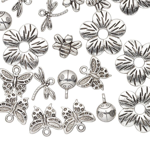 Bead / component / charm, antique silver-plated "pewter" (zinc-based alloy), 9x9mm-23x23mm assorted single- and double-sided insect and flower. Sold per pkg of 25. image number 0