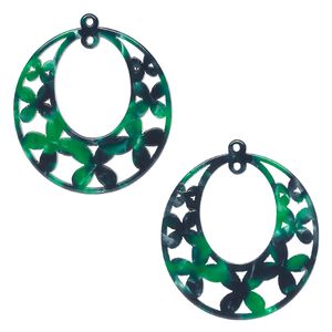 Focal, resin, green and dark green, 40x38mm oval go-go with flowers and loop. Sold per pkg of 2.