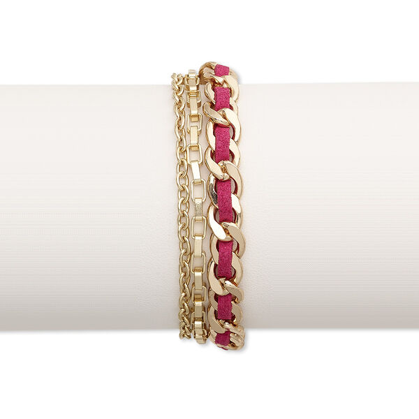 Bracelet, faux suede and gold-finished steel, pink, 7mm wide with woven design, 6-1/2 inches with 2-inch extender chain and lobster claw clasp. Sold individually. image number 0