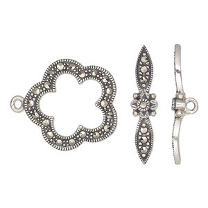 Clasp toggle 1pkg1 sterling silver / marcasite (natural), 20x19mm fancy flower, antiqued 1-strand