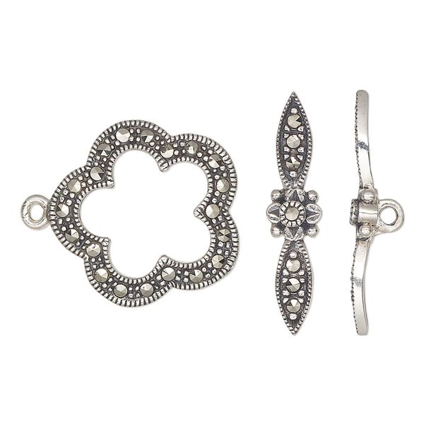 Clasp toggle 1pkg1 sterling silver / marcasite (natural), 20x19mm fancy flower, antiqued 1-strand image number 0