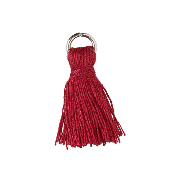 Tassel, cotton and imitation rhodium-finished steel, burgundy, 20-24mm mini tassel with 6mm open jump ring. Sold per pkg of 6. image number 0