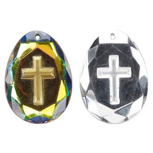 Focal, vintage glass, opaque clear vitrail, 33x24mm top-drilled faceted teardrop with cross. Sold individually.