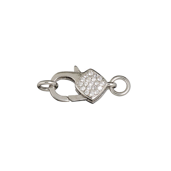Clasp, lobster claw, cubic zirconia and silver-finished brass, clear, 15x8mm double-sided with flower design. Sold individually. image number 0