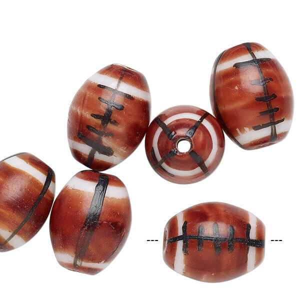 Bead, painted glass, opaque brown / black / white, 15x12mm-16x12mm handmade football. Sold per pkg of 6. image number 0