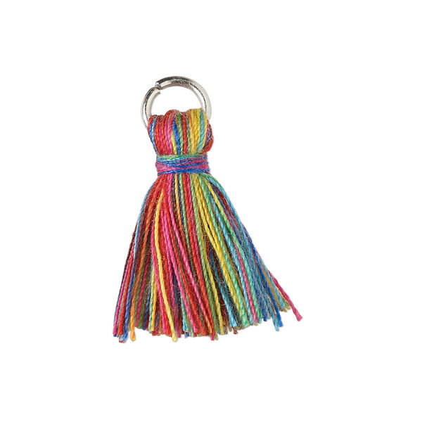 Tassel, cotton and imitation rhodium-finished steel, multicolored, 20-24mm mini tassel with 6mm open jump ring. Sold per pkg of 6. image number 0