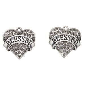 Charm, "pewter" (zinc-based alloy) / glass / enamel, pkg/2, 24x23mm heart with "Blessed," silver finish / clear / black.