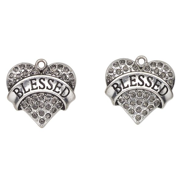 Charm, "pewter" (zinc-based alloy) / glass / enamel, pkg/2, 24x23mm heart with "Blessed," silver finish / clear / black. image number 0