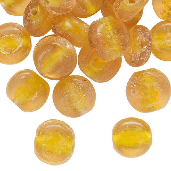 Bead, lampworked glass, translucent golden yellow, 10-11mm puffed flat round. Sold per pkg of 50 beads. image number 0