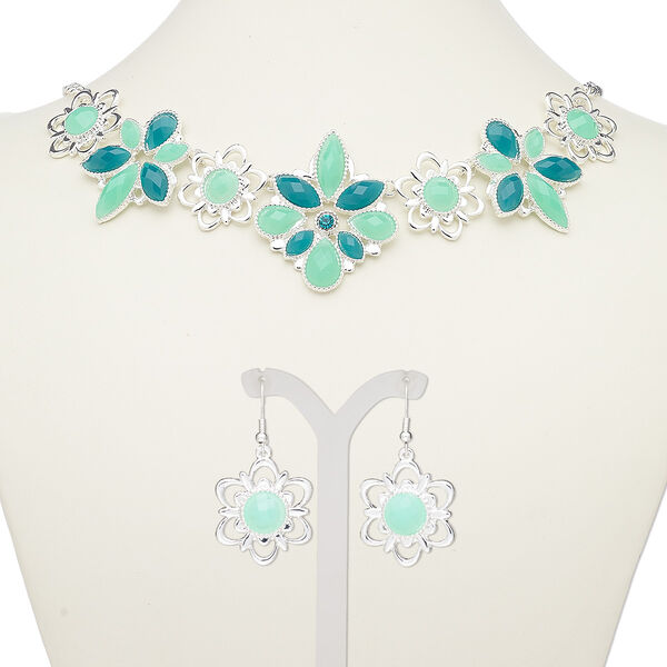 Necklace and earring set, acrylic / glass rhinestone / silver-plated steel / "pewter" (zinc-based alloy), light green and teal green, flower, 18-inch necklace with 2-inch extender chain and lobster claw clasp, 45mm earrings with fishhook ear wire. Sold per set. image number 0