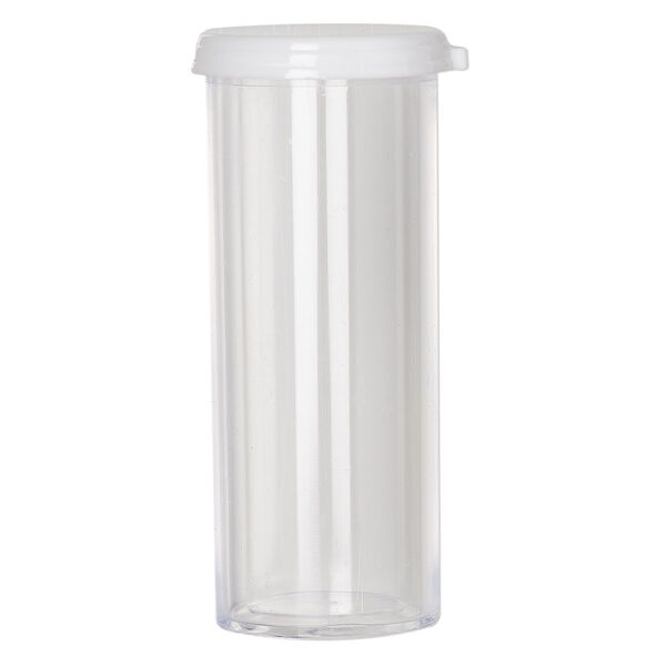 Vial, polystyrene and plastic, clear and white, 2-3/4 x 1-inch large vial with snap on cap. Sold per pkg of 6. image number 1
