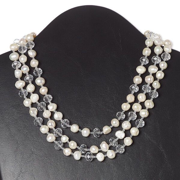 Necklace, 3-strand, cultured freshwater pearl (bleached) / glass / silver-plated brass, clear and white, rondelle, 17 inches with lobster claw clasp. Sold individually. image number 0