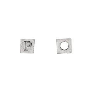 Bead, antiqued pewter (tin-based alloy), 7mm cube with Greek letter, RHO. Sold per pkg of 4.