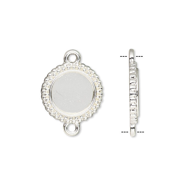 Link, silver-finished brass, 15mm single-sided beaded round with 10mm round setting. Sold per pkg of 10. image number 0