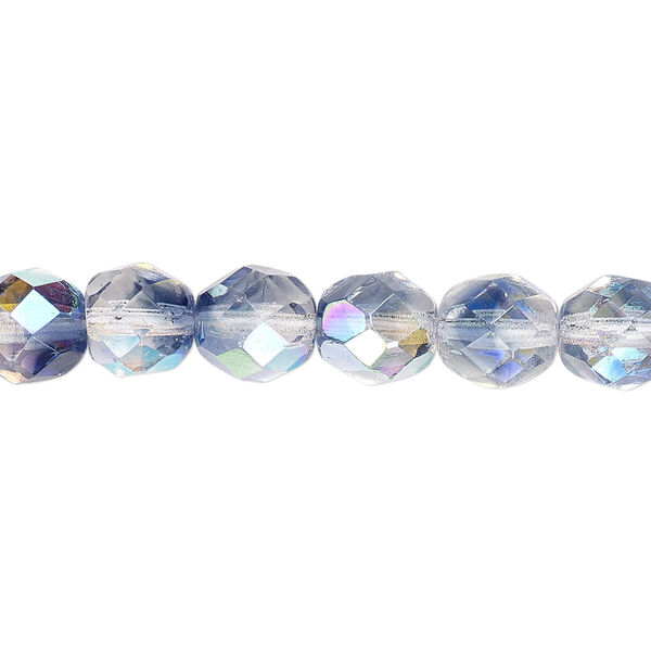 Bead, Czech fire-polished glass, two-tone, crystal/dark grey AB, 8mm faceted round. Sold per 15-1/2" to 16" strand. image number 0
