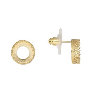 Earstud 1pkg2 JBB Findings gold-plated, 11.5mm round / SS47 rivoli bezel setting / comfort clutch, brass / acrylic clear 1 pair