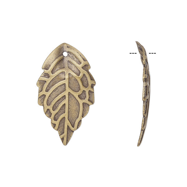 Charm, antique brass-finished brass, 25x15mm single-sided curved leaf. Sold per pkg of 10. image number 0