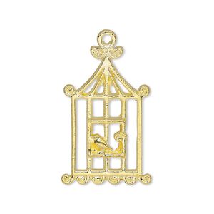 Charm, gold-finished "pewter" (zinc-based alloy), 29x18mm single-sided bird in cage. Sold per pkg of 10.