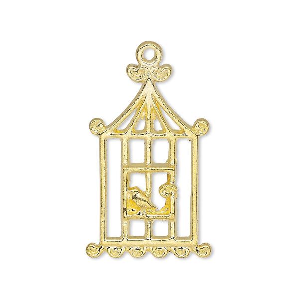 Charm, gold-finished "pewter" (zinc-based alloy), 29x18mm single-sided bird in cage. Sold per pkg of 10. image number 0