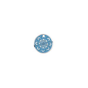 Drop, stainless steel, blue patina, 10mm single-sided domed round with sunflower design. Sold per pkg of 8.