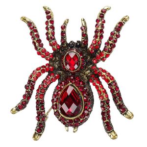 Brooch, glass rhinestone and antique gold-finished "pewter" (zinc-based alloy), red / dark red / black, 60x55mm spider. Sold individually.