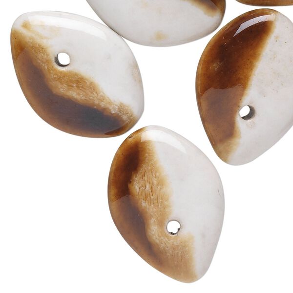 Bead, porcelain, white and brown, 25x18mm top-drilled flat teardrop. Sold per pkg of 10. image number 0