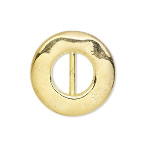 Slide, gold-finished "pewter" (zinc-based alloy), 26mm single-sided dented round, 11x5mm hole. Sold per pkg of 4.