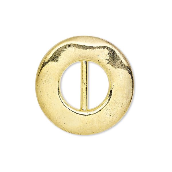 Slide, gold-finished "pewter" (zinc-based alloy), 26mm single-sided dented round, 11x5mm hole. Sold per pkg of 4. image number 0